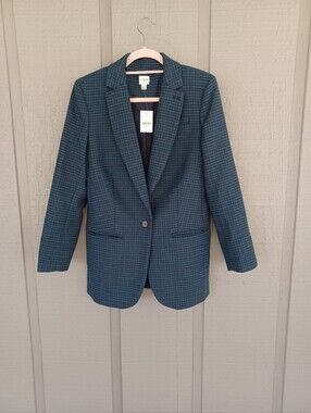 J Crew Factory Relaxed One Button Blazer Size 4 Preppy Wool Blend Houndstooth